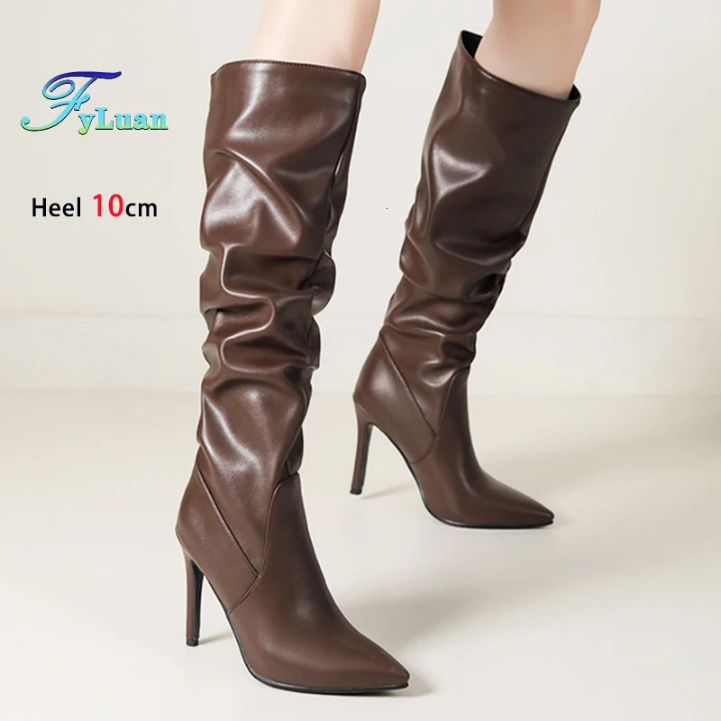 2025 Winter Knee Boots With Heels Woman 10CM Stiletto Fashion Slip on Pointy Autumn Shoes Women Soft Leather Pleated Long Boots 251031
