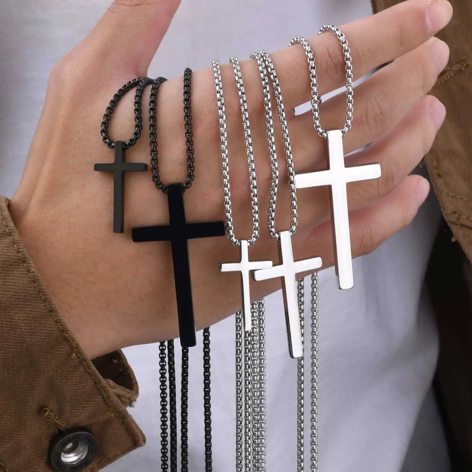 Waterproof Cross Necklace for Men WomenStainless Steel Silver Color Plain Cross PendantClassic Basic Male Collars GiftW251105