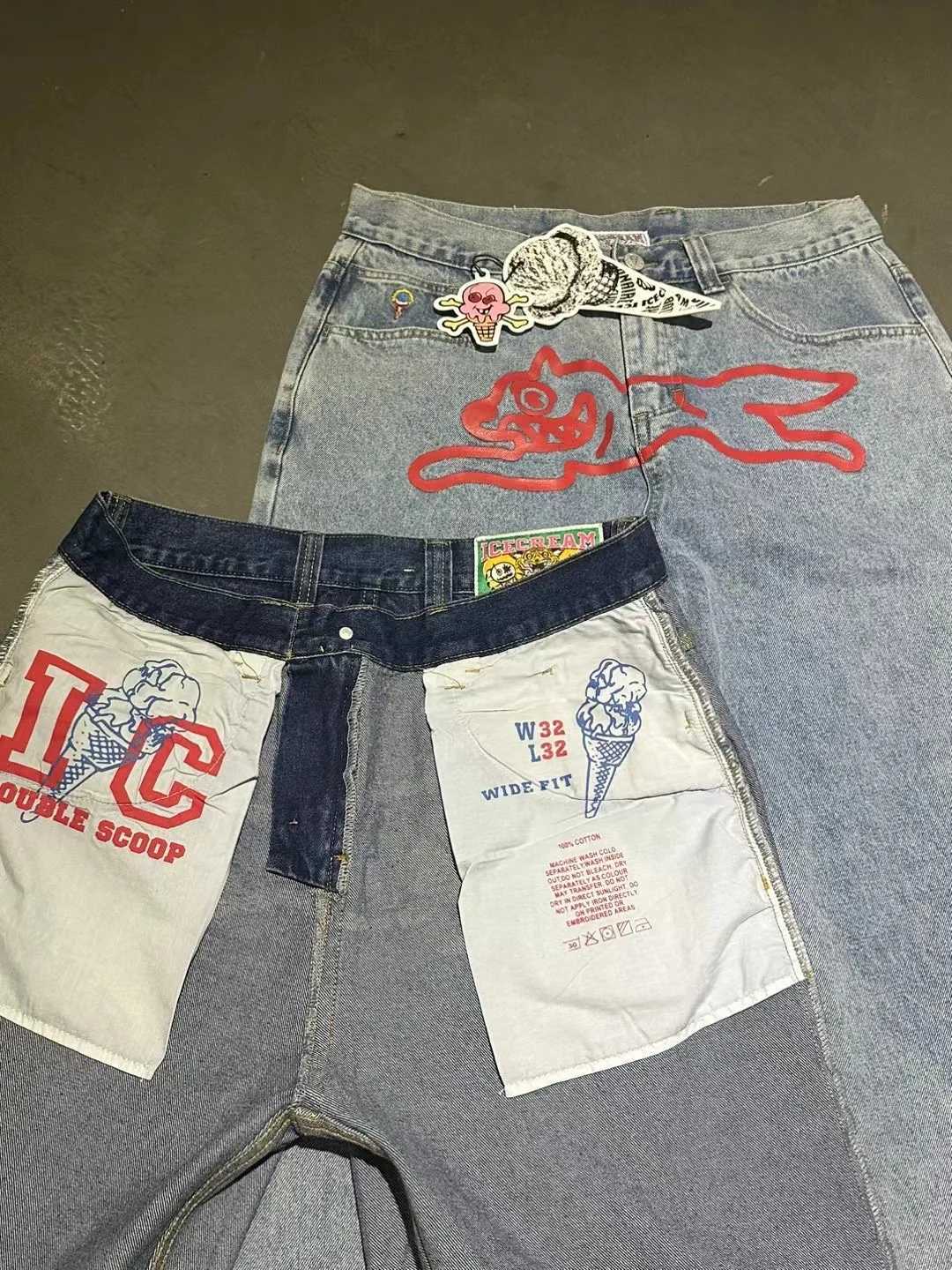 ICECREAM Fly Dog Printed Men Straight Denim Pants Loose Fit YKK Zipper Casual Denim Jeans Pants Trousers Z251104