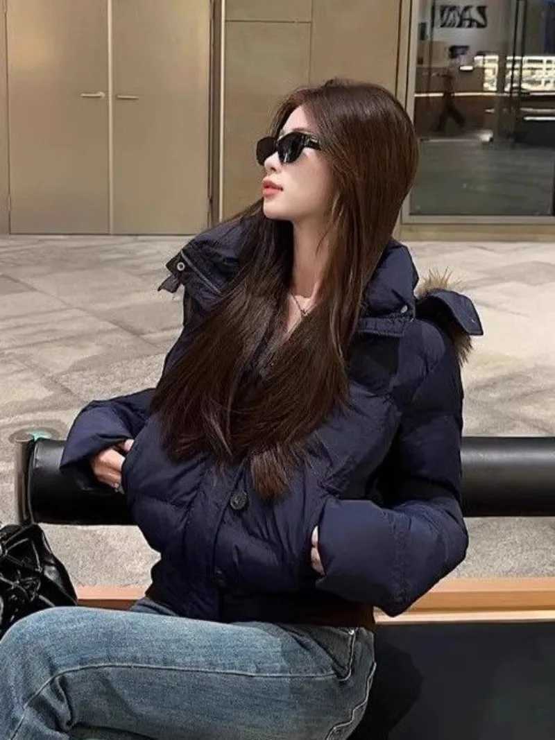 American Retro Trendy Fur Collar Zipper Hooded Winter Coat Women Fashion Simple Street Loose Velvet Warm Harajuku Casual JacketT251105