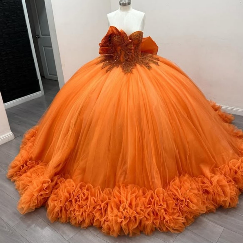 Orange Shiny Quinceanera Dresses Off The Shoulder Beading Crystal Tiered Tull Bow Party Birthday Sweet 16 Dress Vestidos 15 De Anos