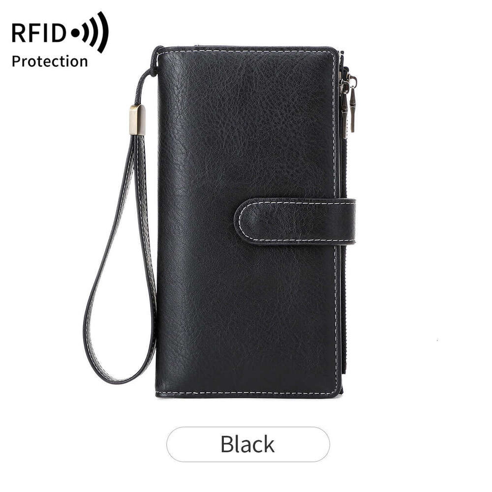 Cross-Border New RFID Long Retro Multifunctional Women's Wallet Solid Color Portable Large Capacity Clutch