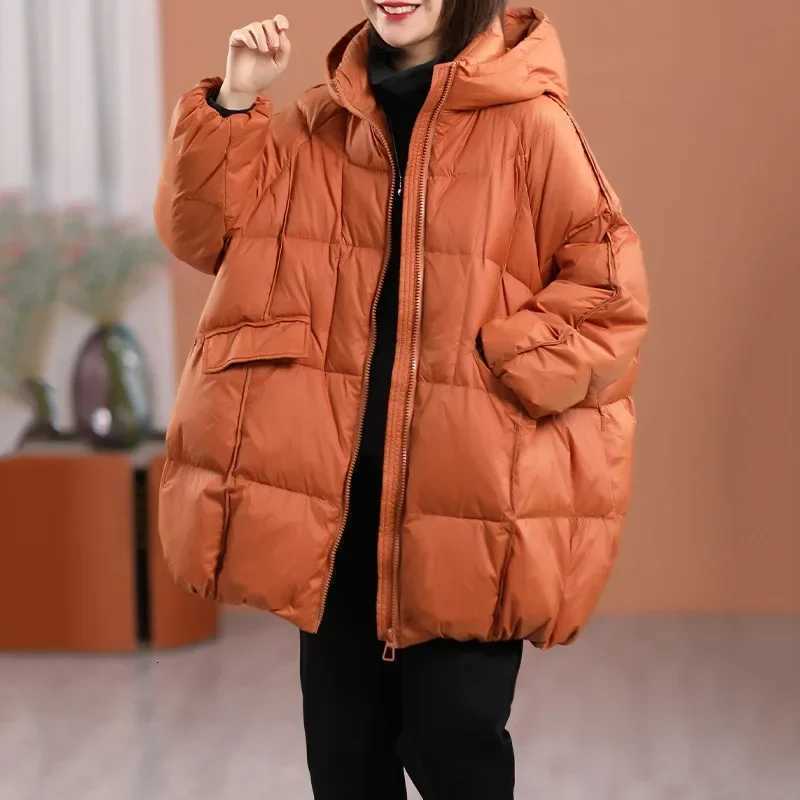 2024 New Winter Women White Duck Down Jacket Hooded Warm Oversize Puffer Coat Female Casual Loose Parkas Pocket OutwearT251105