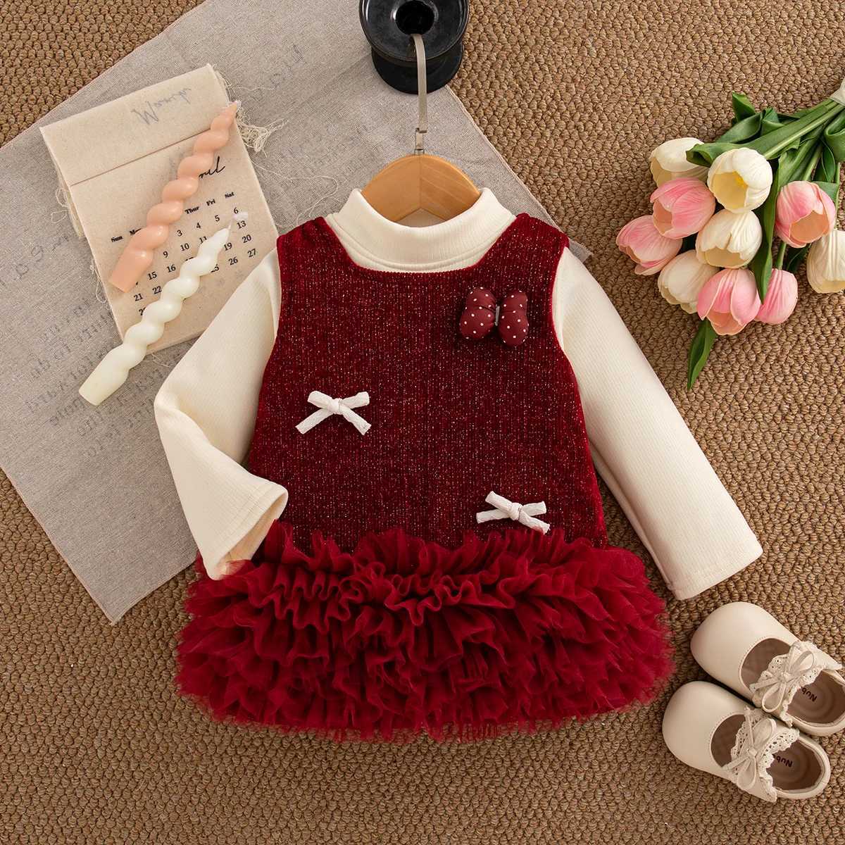 Baby Girl Dress Fall/Winter Solid Color Bow Long-Sleeve Girl Dress Cute Christmas-Themed Baby Dress Baby Girl Clothing Y251105