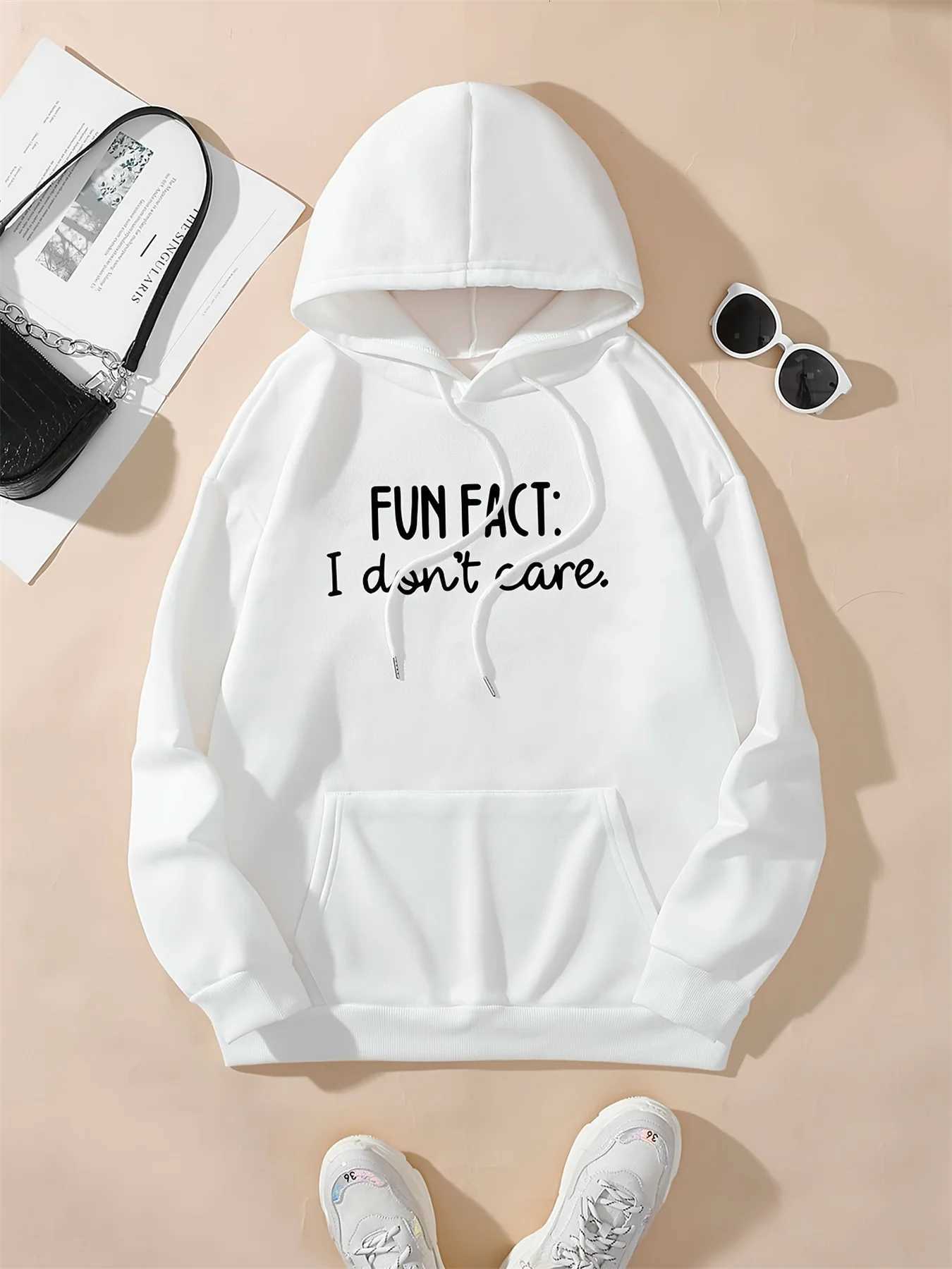 Womens autumn and winter casual loose and comfortable FUN FACT I dont care printed fleece warm long sleeved hooded sweatshirtT251105