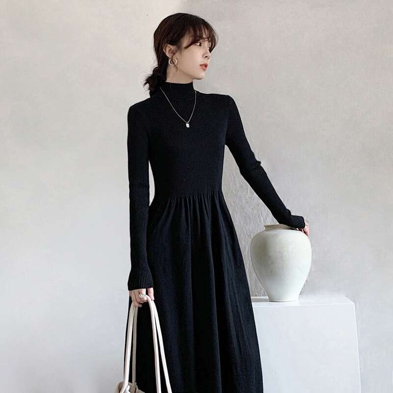 Coat Inner Layer Hepburn Style French Sweater Black Half Turtleneck Base Knitted Dress For Women Autumn Winter B5