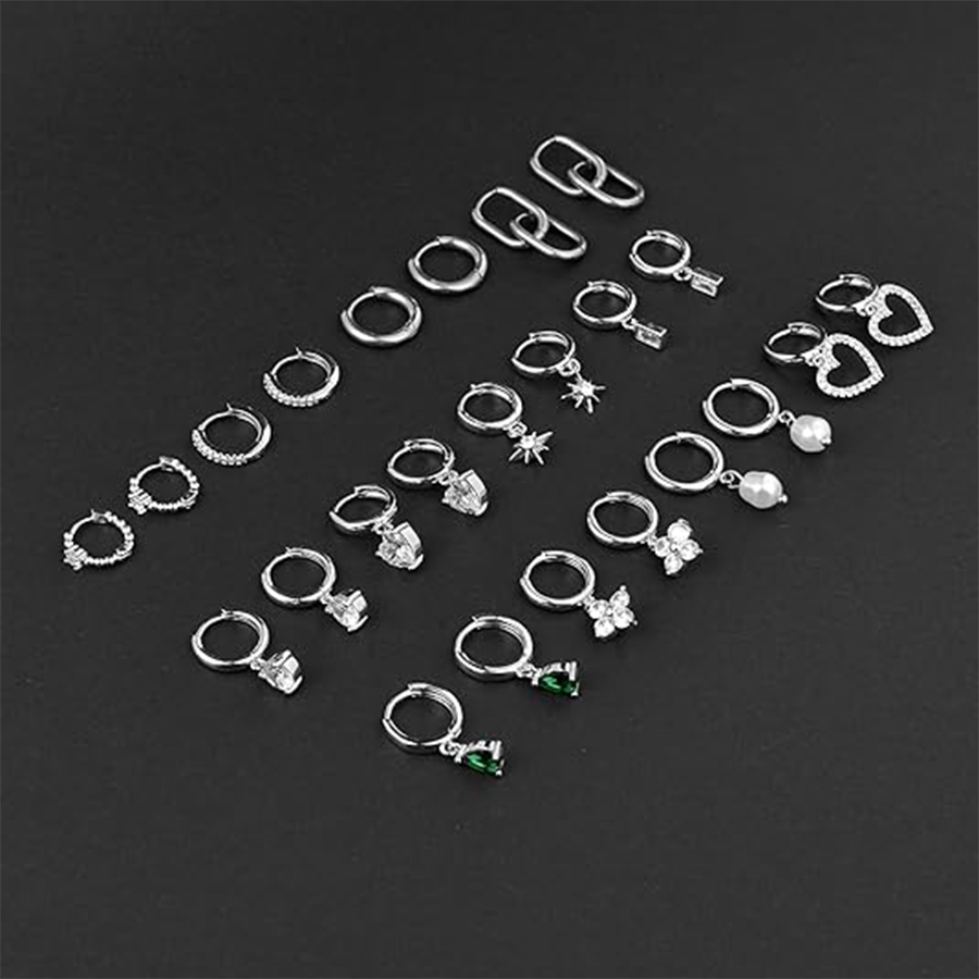 Huggie Hoop Earrings Silver Plated Small Dangle Hoop Earrings Heart Pearl Star Flower CZ Cartilage Earring Sets for Multiple Piercing Stacks Stud Hoop