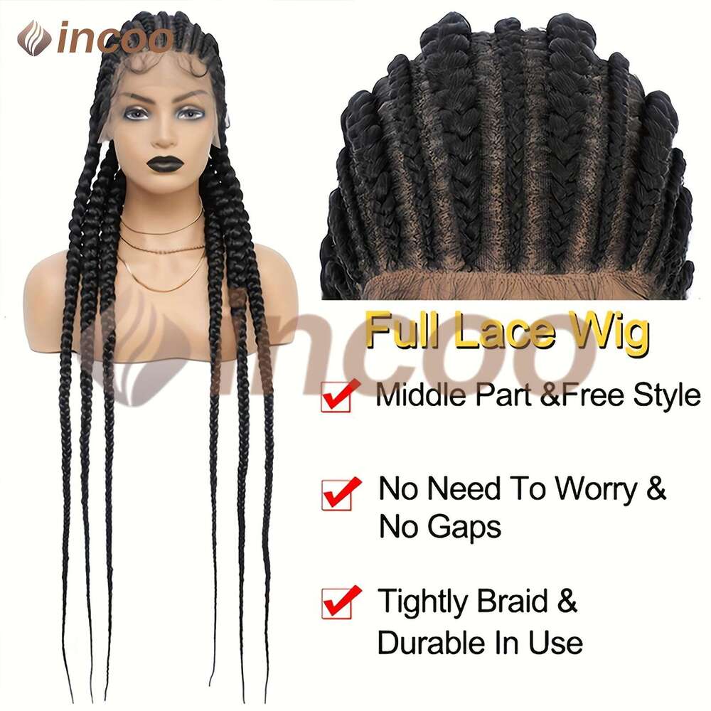 36 Inches Full Cornrows Braided Wigs Women Lace Frontal Jumbo Faux Locs Box Braids Wig For Daily Use