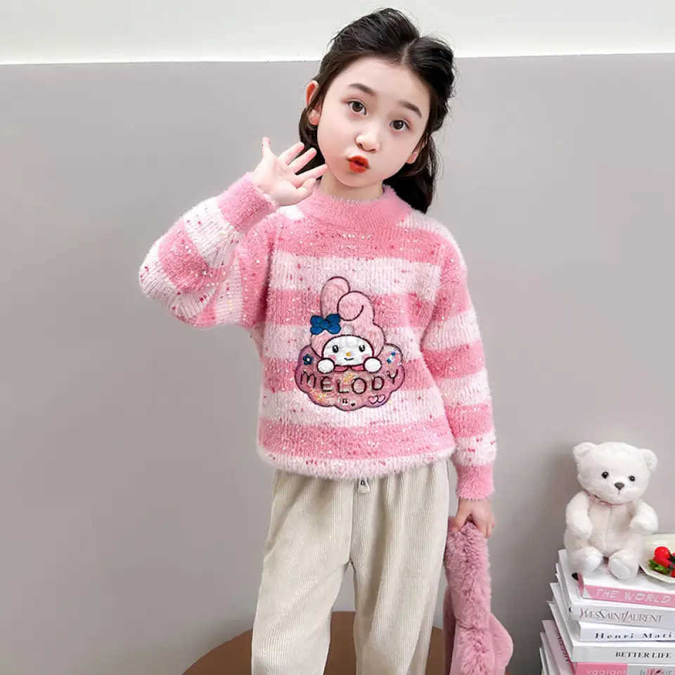 Sanrio Kuromi Sweater Autumn Winter New Baby Girl Cute Warm Velvet Thickened Knitted Base Shirt Pullover Childrens Clothing H251105