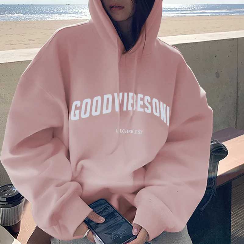 2025 Autumn Fleece Hoodie Solid Color Letter Hooded Korean Fashion Sweatshirts Long Sleeve Top Drawstring Pockets Loose HoodiesT251105