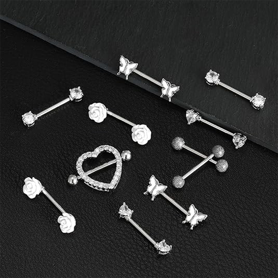 9 Pairs 14G Stainless Steel Nipple Rings Tongue Ring Straight Nipple Barbells Cute Butterfly Rose Opal Moon Heart CZ Body Piercing Jewelry for Women W