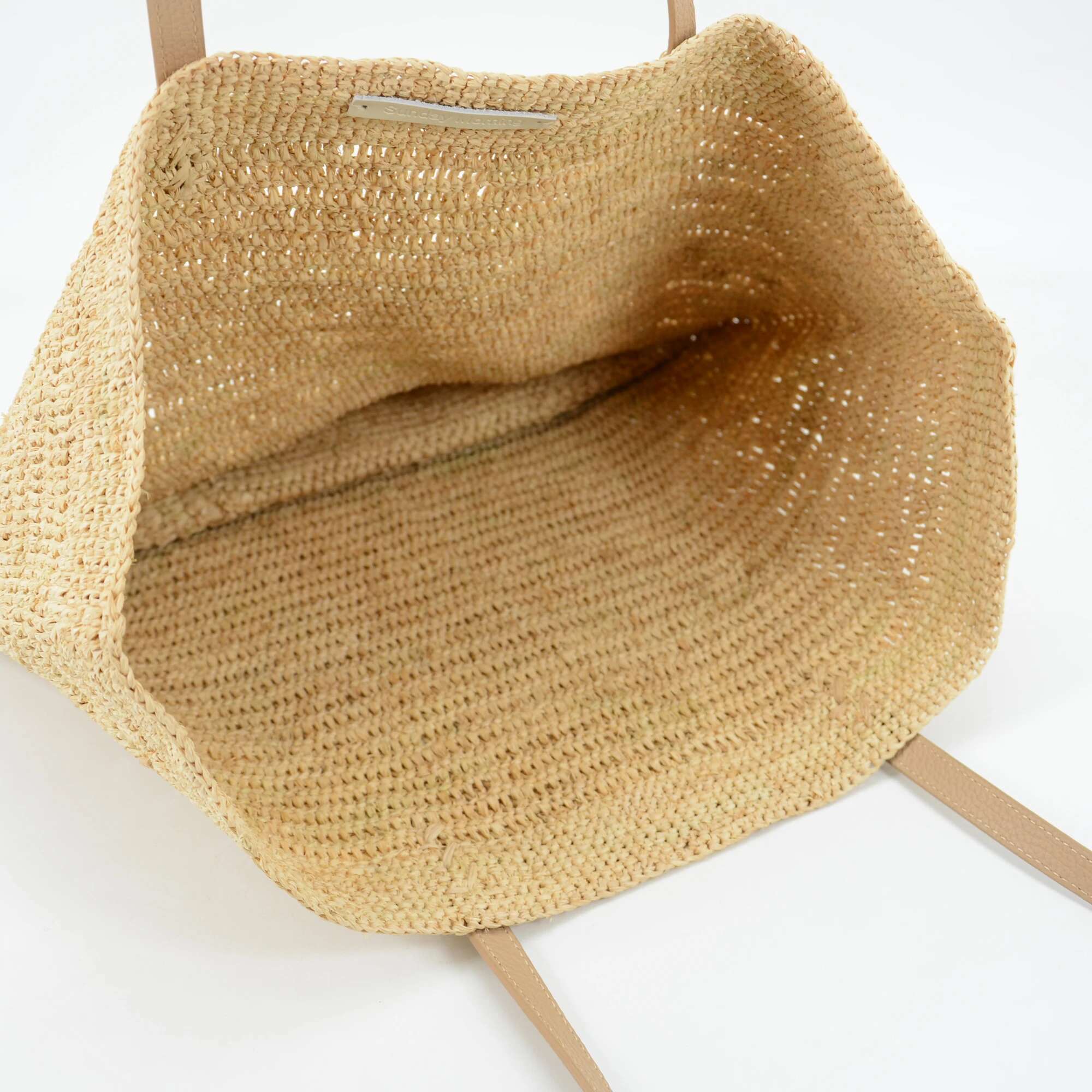 2024 Handmade Crocheted Natural Raffia Shoulder Bag With Nappa Leather Handles