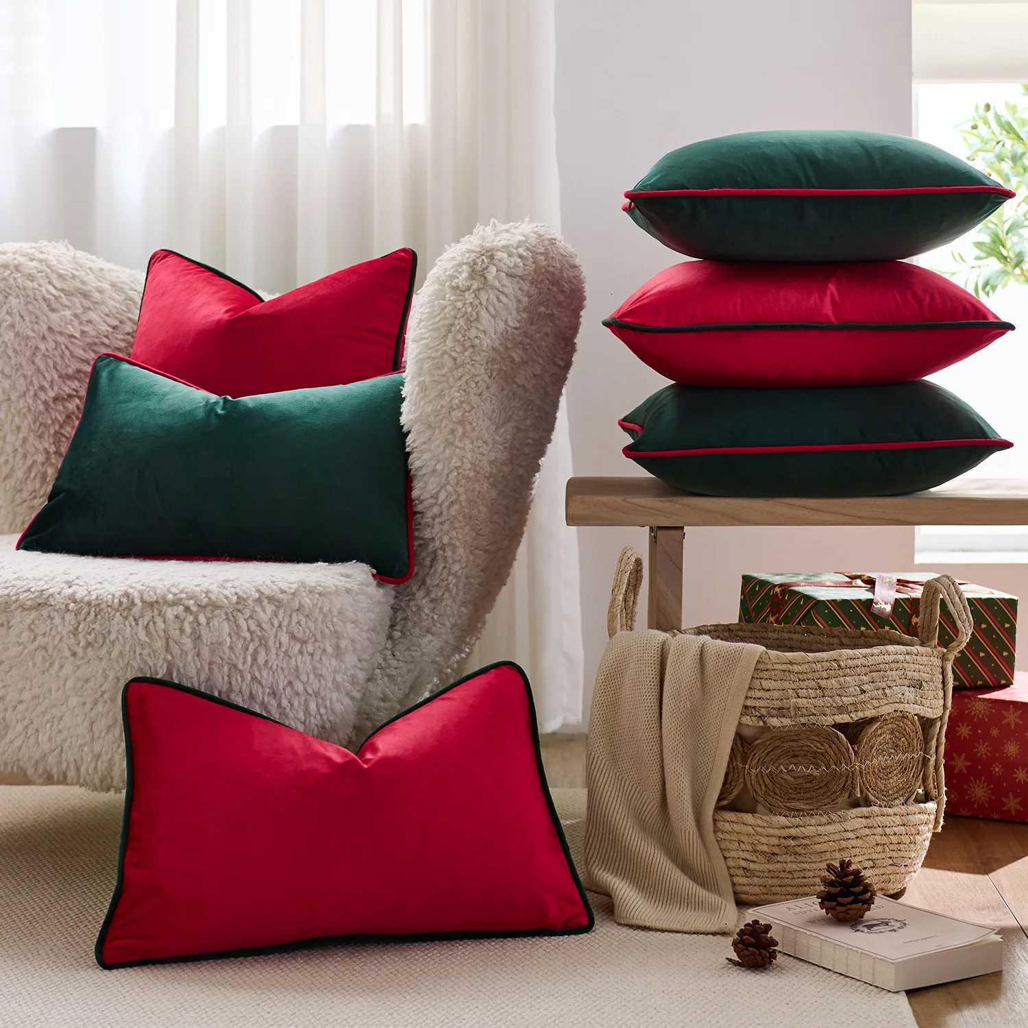30x50/45x45cm New Year Christmas Decoration Pillow Case Cojines Red Green Velvet Rolled-Edged Cushion Cover Headboard Pillowcase Y251105