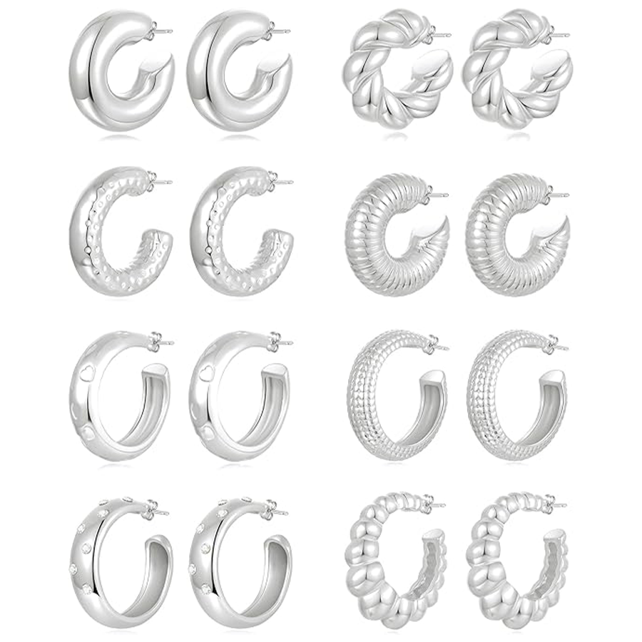 8 Pairs Chunky Hoop Earrings Sets for Women Lightweight Twist CZ Open Huggie Hoops Minimalist Thick Cartilage Hollow Earring Piercing Jewelry Gift Sil