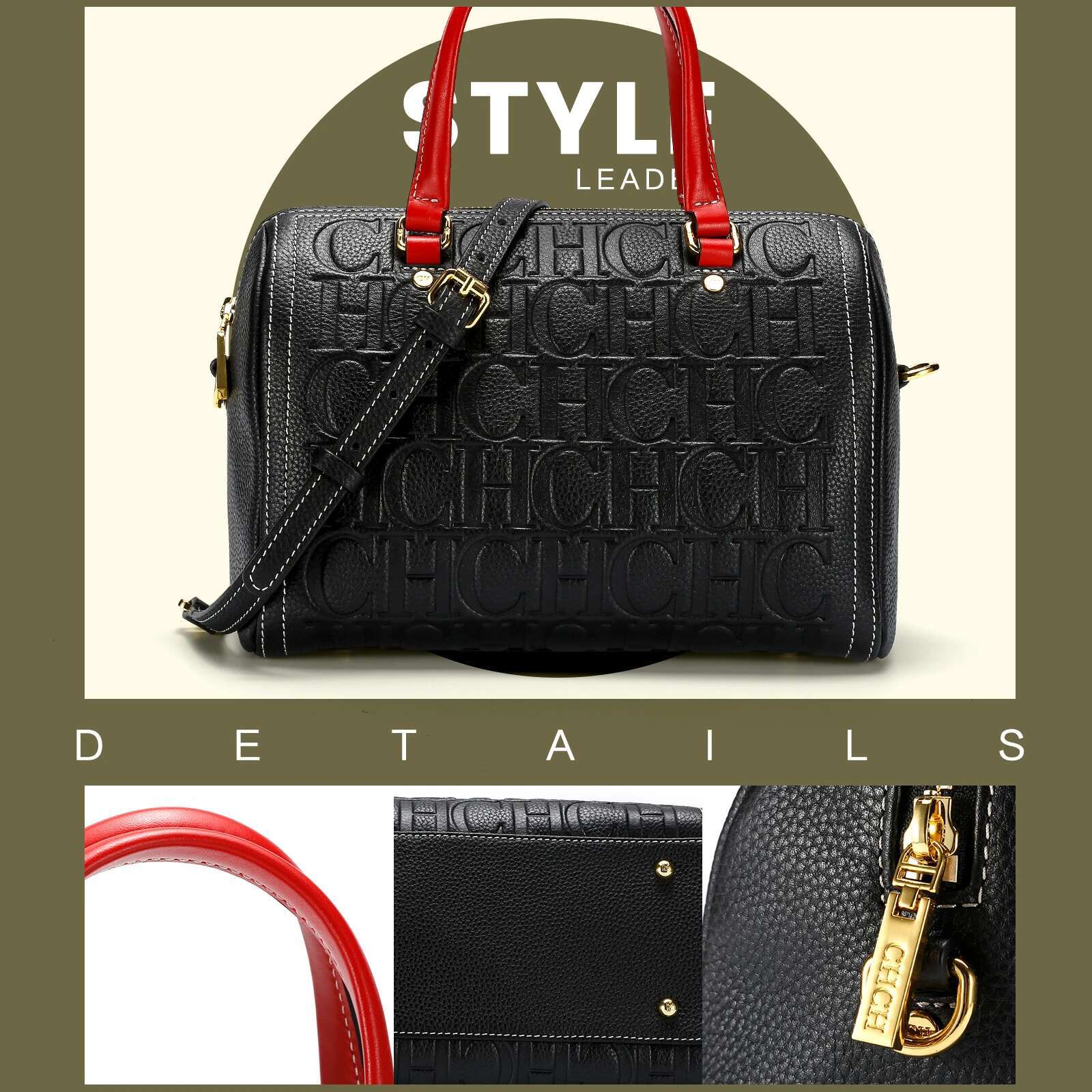 CHCH Women's Shoulder 2024 New Black Cow Leather Letter Emed Zipper Tote Bag 26*14.5*18Cm