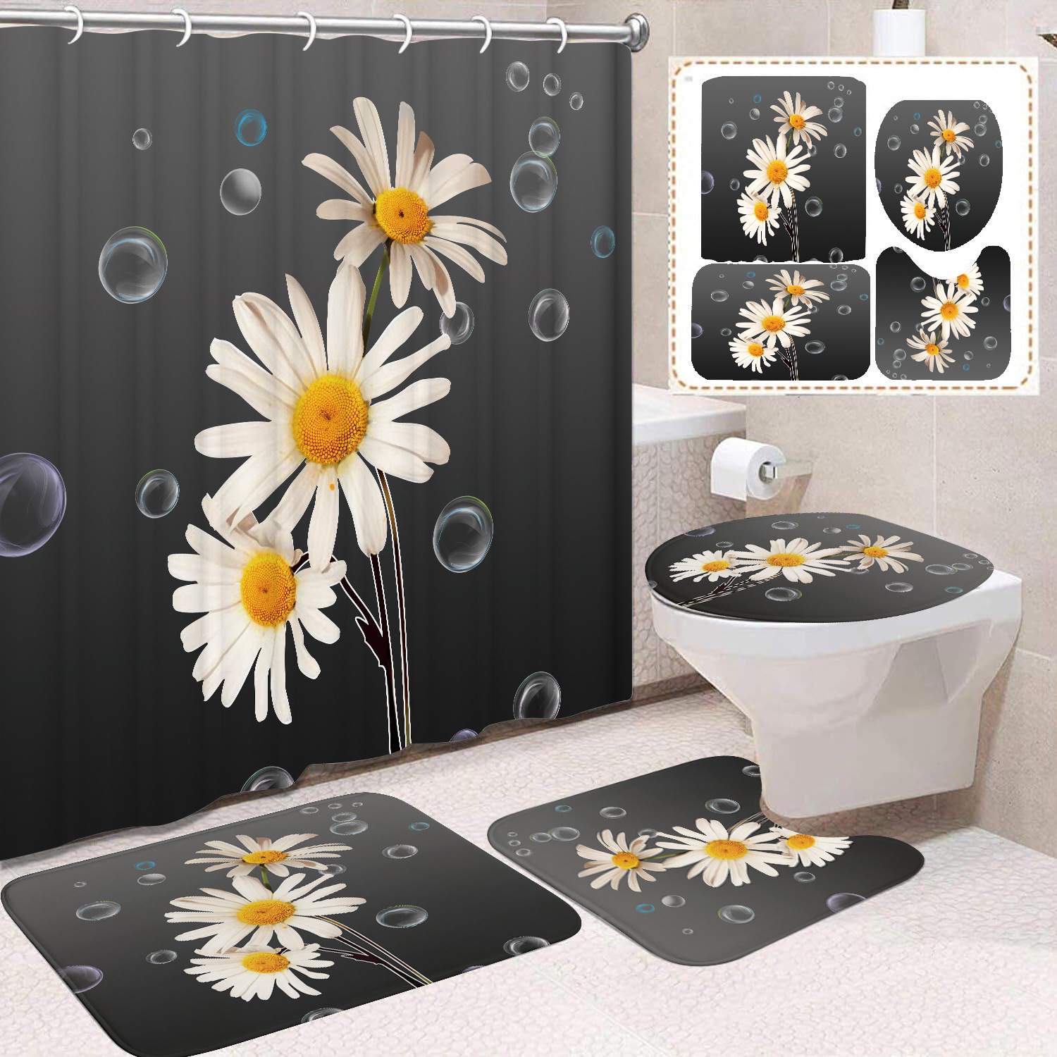 YL-37640 Factory Direct Watercolor Daisy Bathroom Shower Curtain/Toilet Partition Curtain/No-Drill Curtain/Shower Curtain