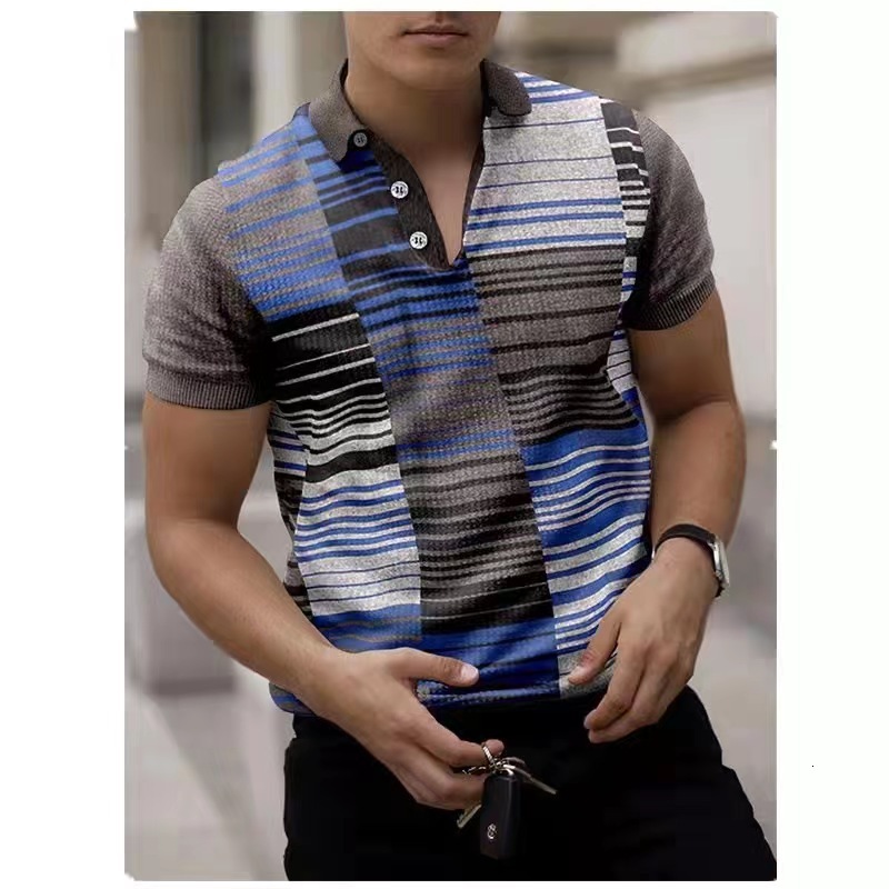 Summer new mens casual personality 3D printed buckle short sleeved casual polo