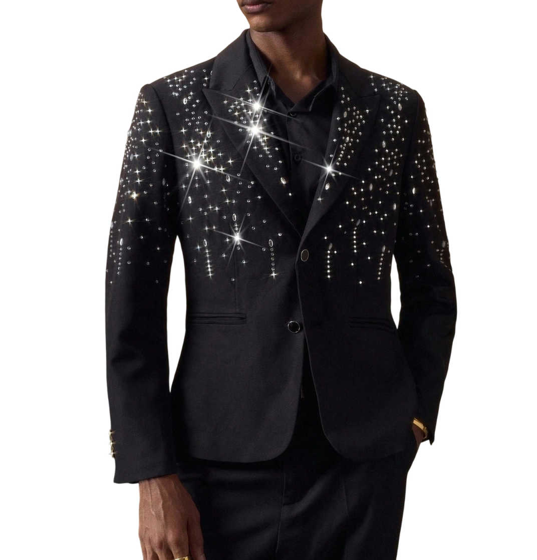 Shining Wedding Groom Tuxedos Slim Fit 2 Pieces Blazer Pants Single Breasted Beaded Rhinestone Special Occasion Party Customized