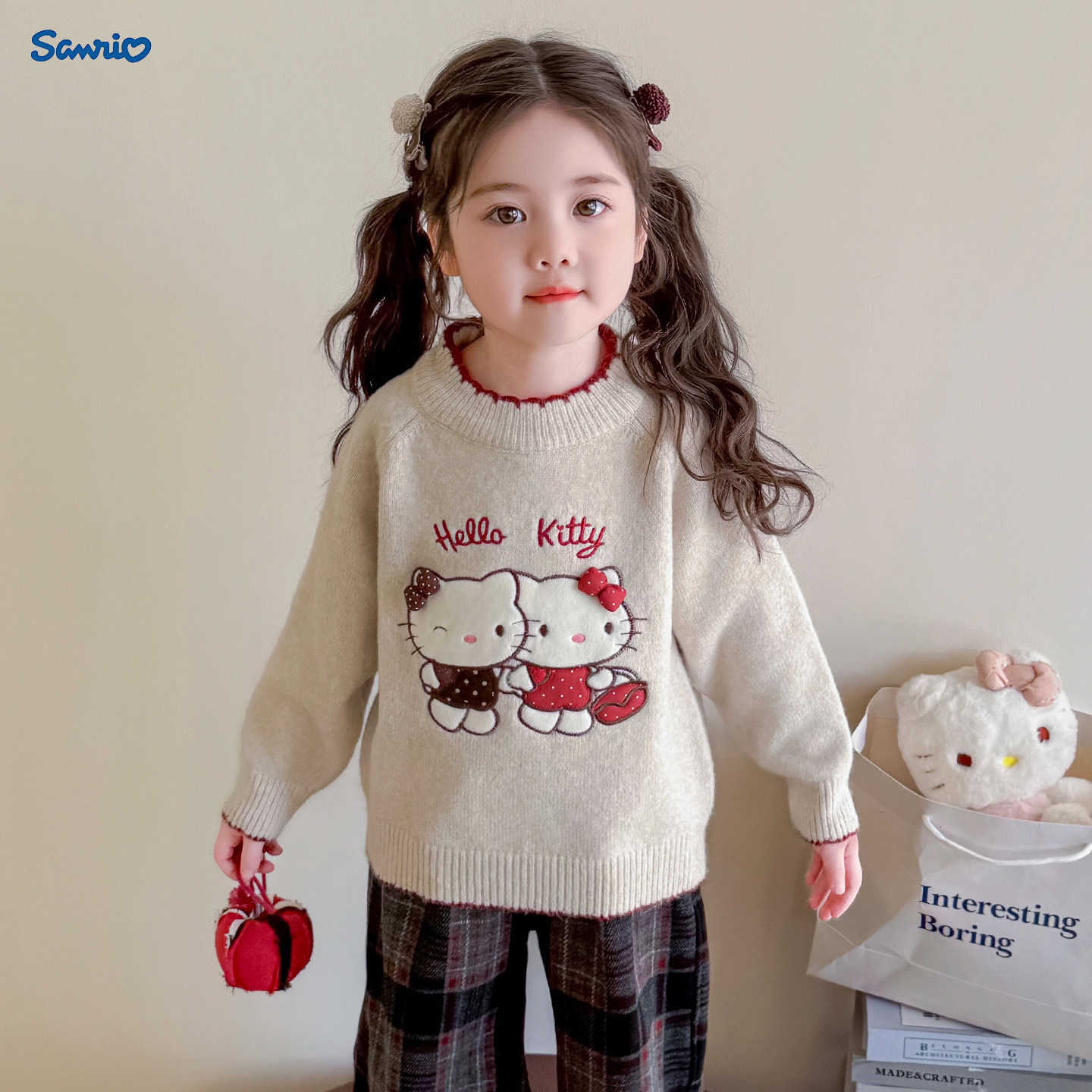 Sanrio KT Cat Girl Sweater Autumn Winter Fleece Round Neck 2025 New Childrens Baby Girl Winter Knitted Base Shirt H251105