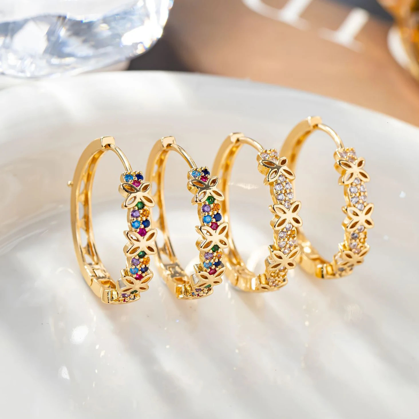 Statement Female Rainbow Flower Zircon Stone Hoop Earrings Glod Color Wedding Jewelry For Women 251131