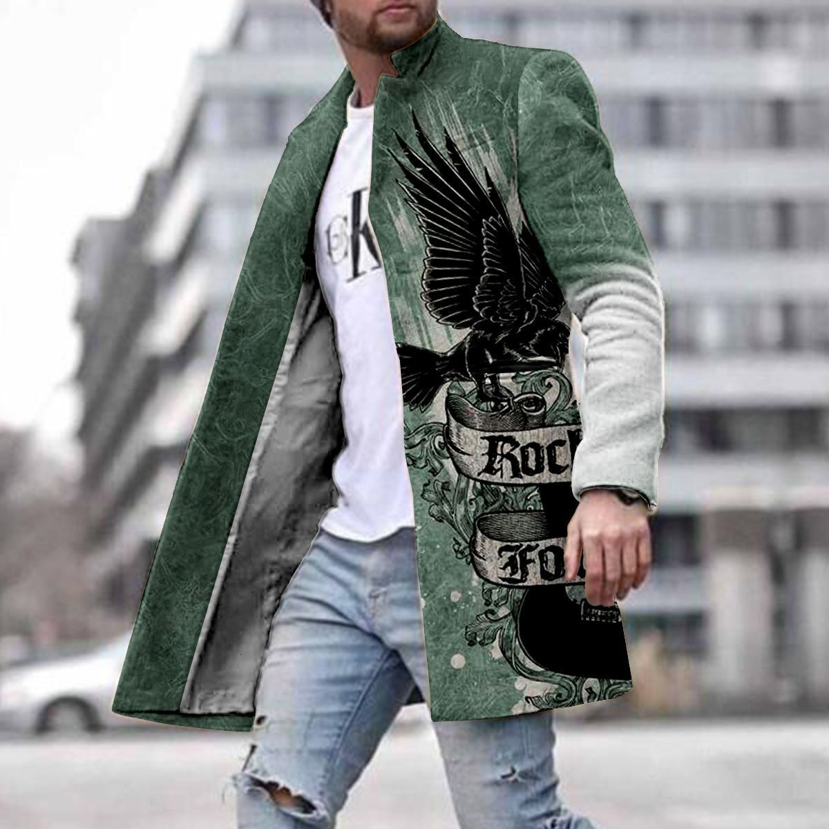 Spring new mens street youth woolen stand collar mid length pocket casual mens coat mens