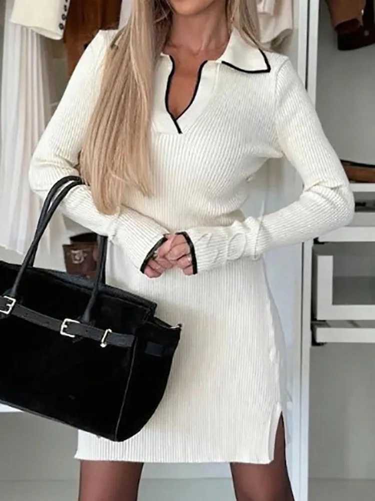 Fashion High Street Solid Color Wrap Hip Dress Holiday Long Sleeved V-neck Womens Dress Elegant Office Slim Fit A-line Dresses J251105
