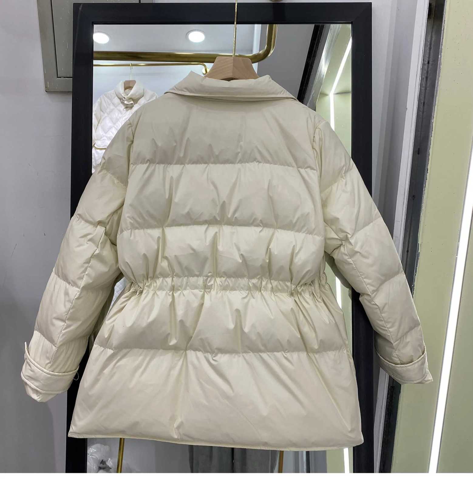 2025 New Winter Women White Duck Down Coat Casual Lady Drawstring Puffer Outwear Female Notched Collar Double Breasted CoatT251105