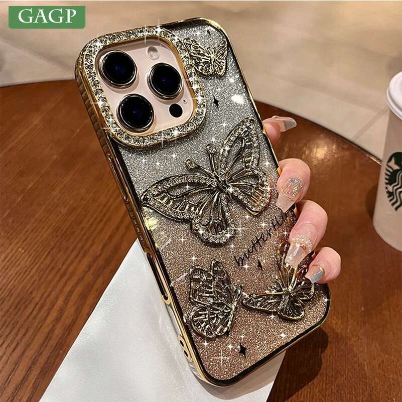 Women Girl's Dia Butterfly Phone Case for iPhone 11 12 13 14 15 Pro Max 16 Plus Transparent Plating Soft Silicone Cover