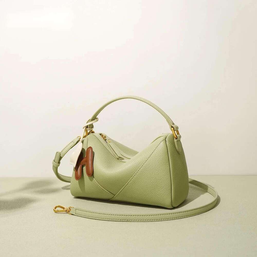 New Light Green Color Boston Tote Simple Niche Design Cowhide Leather Women Handbag With H Heart Deco Ladies Shoulder Bag