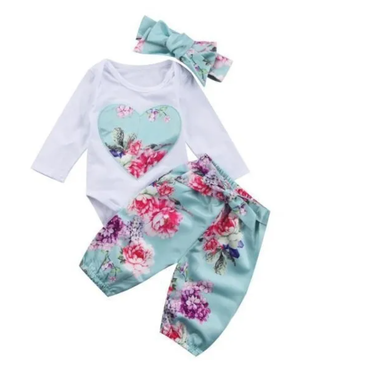 3PCS Set Baby Boy Girls Boys Clothes Romper Spring Autumn Kids Heart Embroidery Tops Floral Pant Outfits Children Girl Clothing Sets