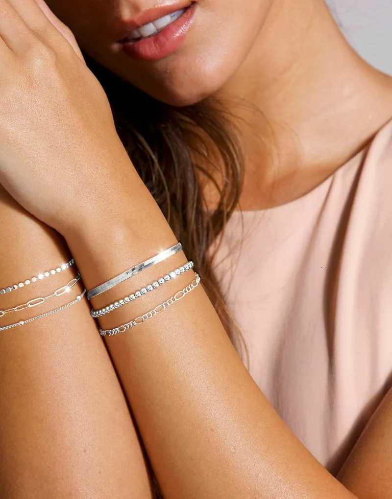 6pc/set Waterproof Stainless Steel Bracelet Set for Women Girls Fashion Bead Figaro Herringbone Paperclip Chain Bracelets PackXJ251105