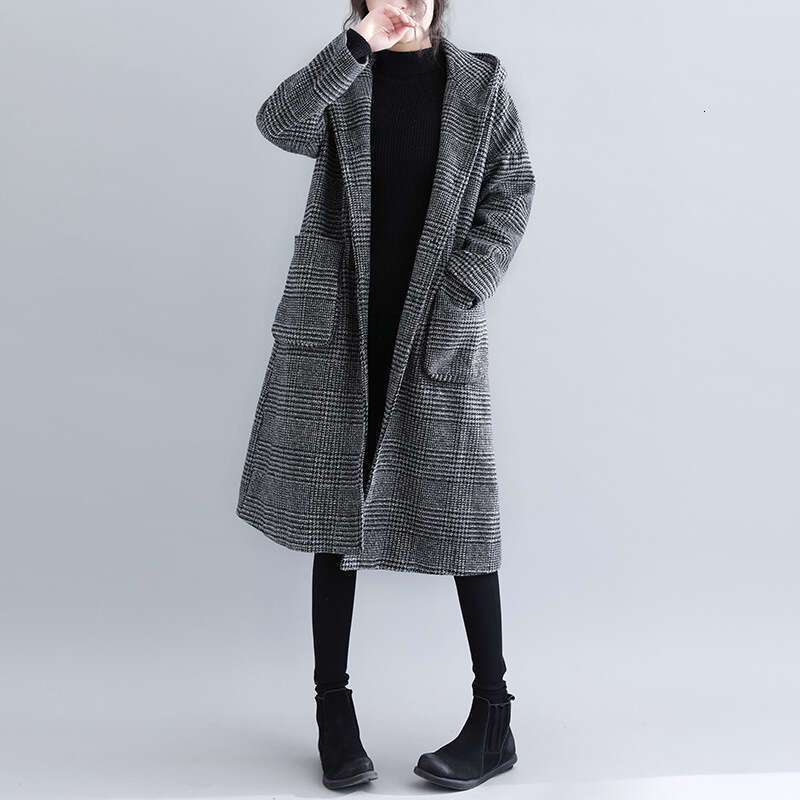 Autumn Winter Women's New Houndstooth Pattern Korean Style Plus Size Loose Slimming Versatile Long Woolen Trench Coat B5