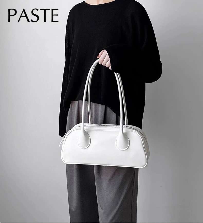 Ins Popular Long Handle Design Bowg Boston Tote White Sier Color Women Armpit Shoulder Bag Cow Leather Handbag