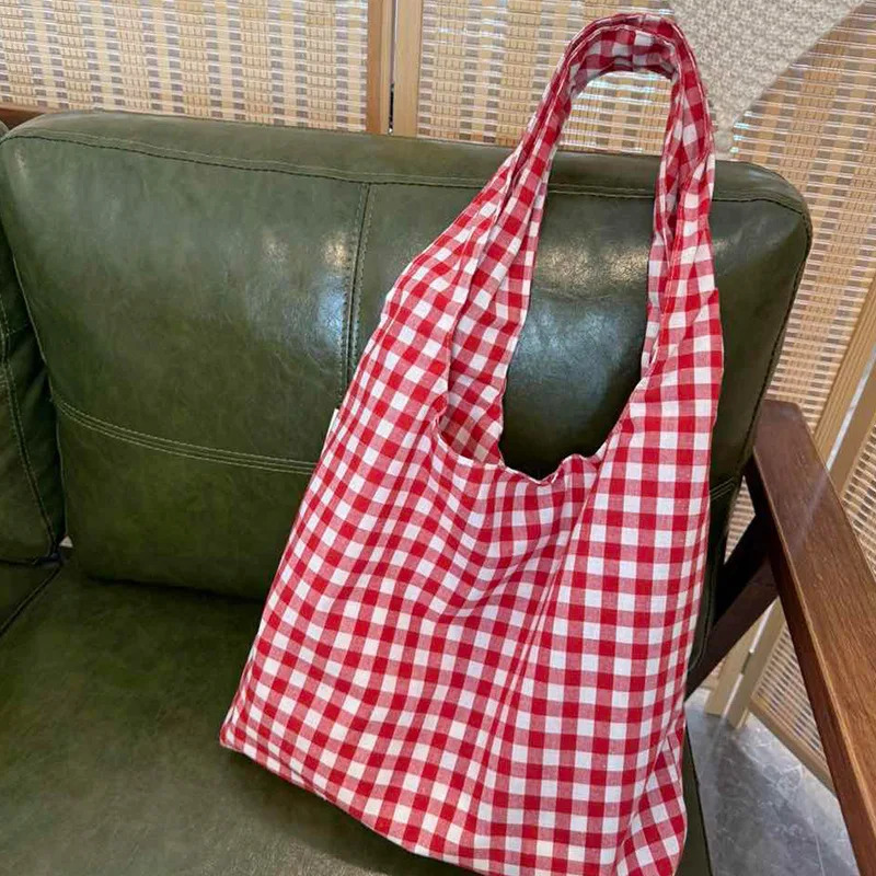 Retro Plaid Women Canvas Shoulder Bags Large Capacity Ladies Vest Bag Handbags Lightweight Versatile Female Shopping Tote 251104