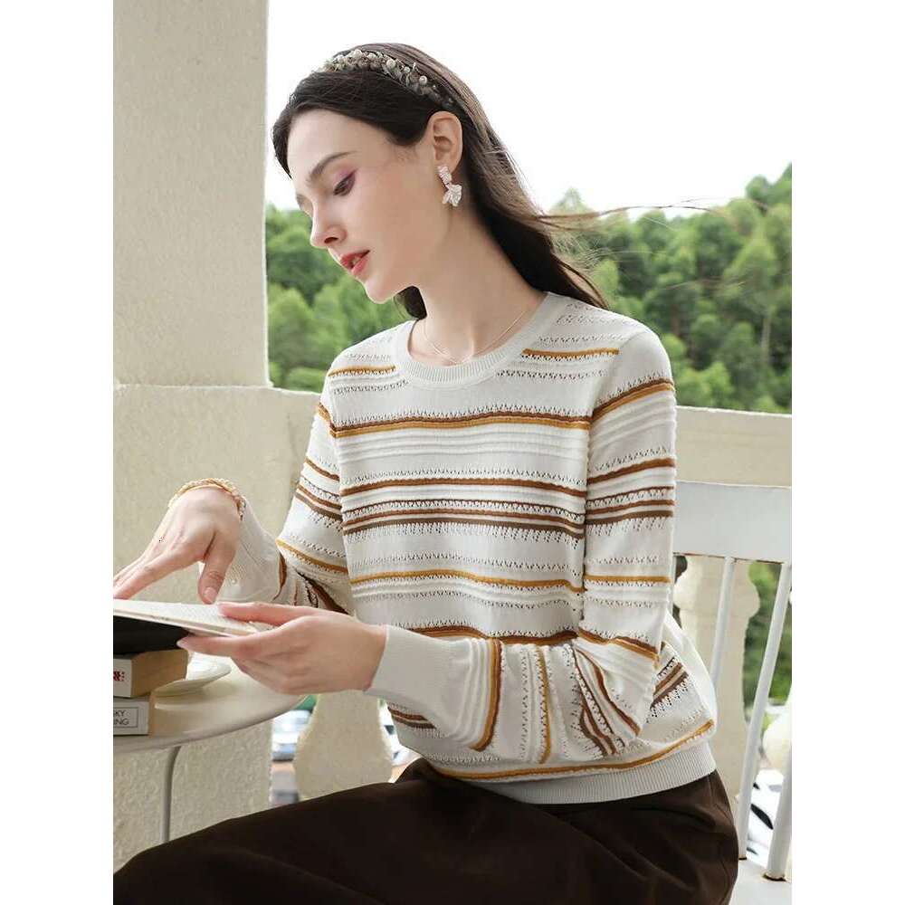 Wool Sweaters For Women Striped Color Contrast Jacquard Long-Sleeve Autumn New Classic O-Neck Tops