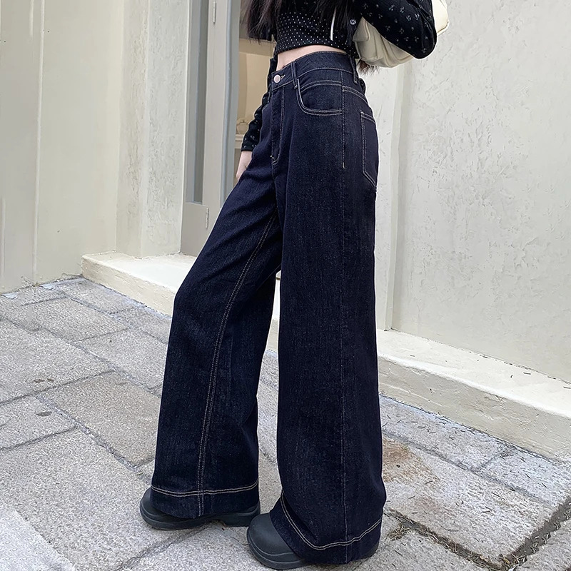 Womens Retro Casual Loose Straight Denim Trousers High Waist Wide Leg Fashion Shining Jeans 250403