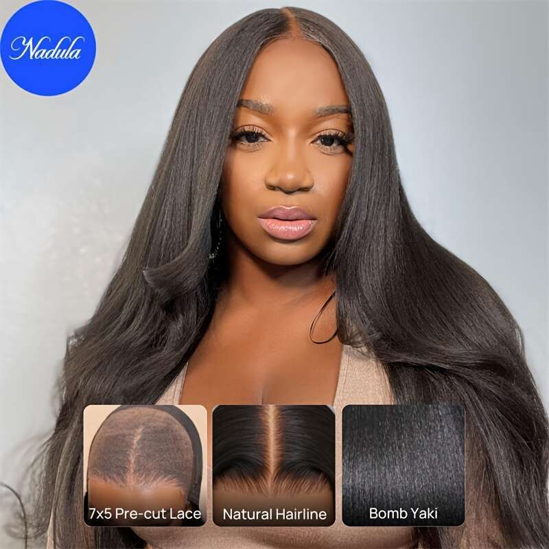 Nadula Bye Knots 7X5 HD Lace Front Wig Glueless Human - Brazilian Hair Density 150%, Pre Plucked Bleached Kinky/Straight For Black, Look Put On & Go W