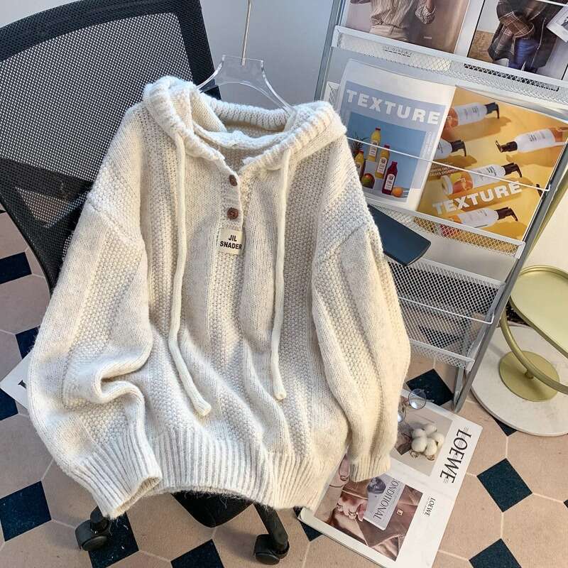 Lazy Style Gray Hooded Sweatshirt Women New Hot Autumn Winter Knitted Long Sleeve Top B5