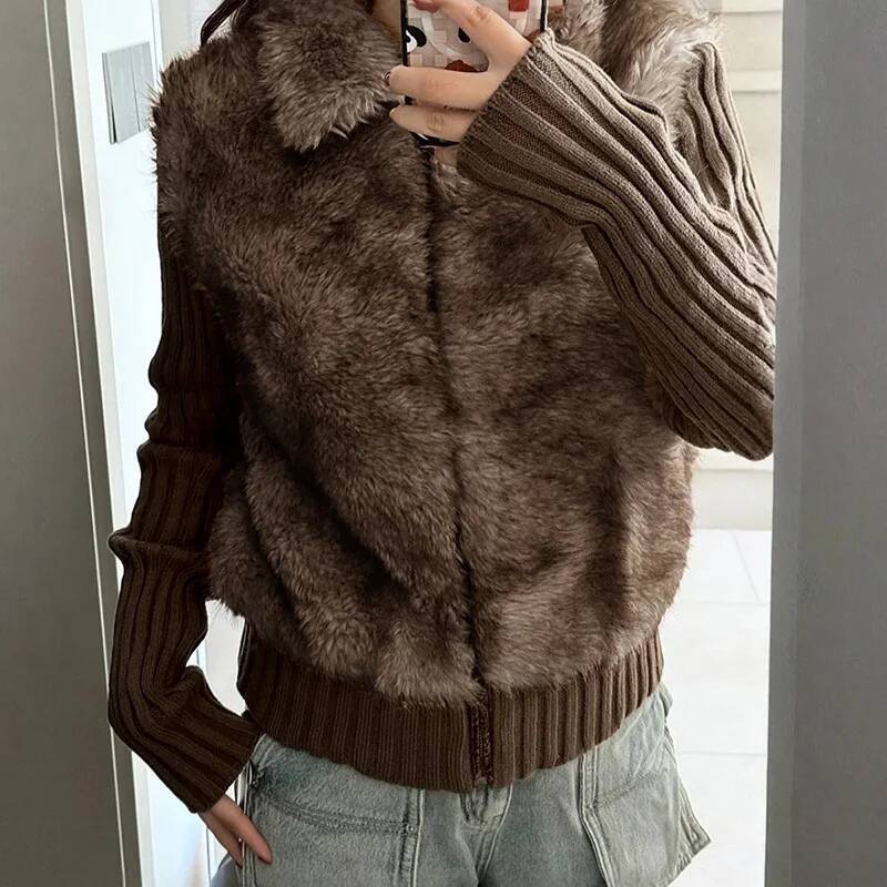 winter jacket women Ticketsx Fashion Plush knit Patchwork New Autumn Winter Lapel Zipper Slim Coat Women Vintage Streetwear Warm Jacket