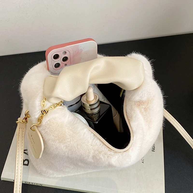 Womens artificial fur plush handbag Ruched handle small womens shoulder cross body bag casual half moon homeless winter 250401