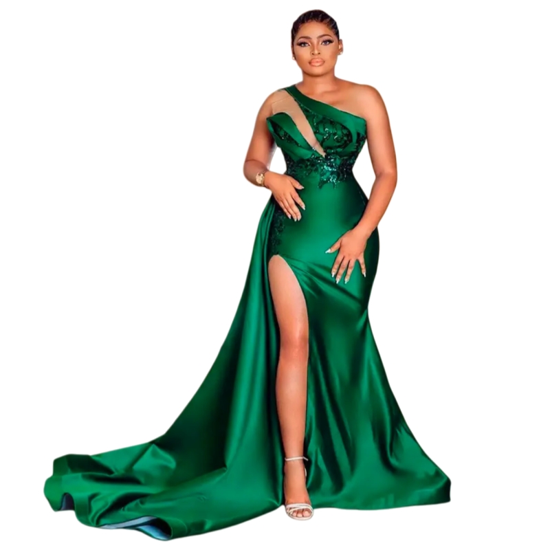 One Shoulder Emerald Green Mermaid Prom Dresses With Detachable Train Side High Slit Sexy Satin Charming Evening Gowns Appliques Pageant Party Dress F