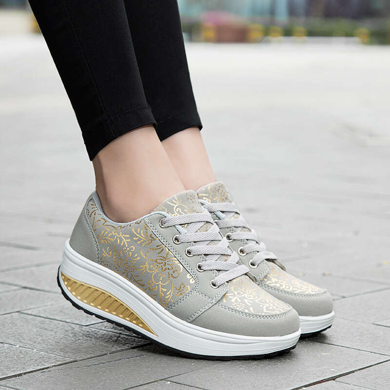 Spring round toe women's front lace up adhesive black low cut sports textile category shoes, wedge heel shoes for women
