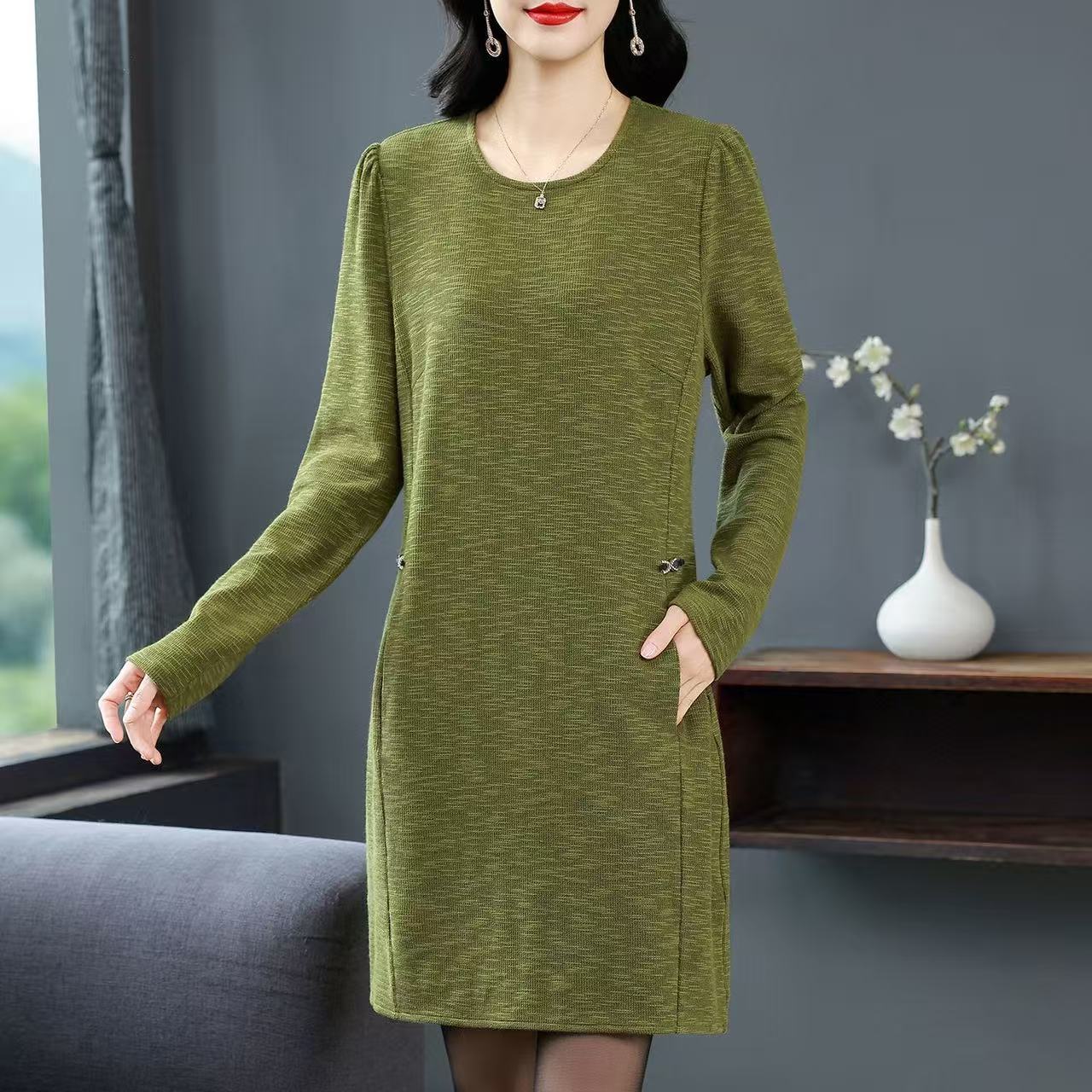 plus size women's new long sleeve high waist printed banquet dress mid-length skirt D02854