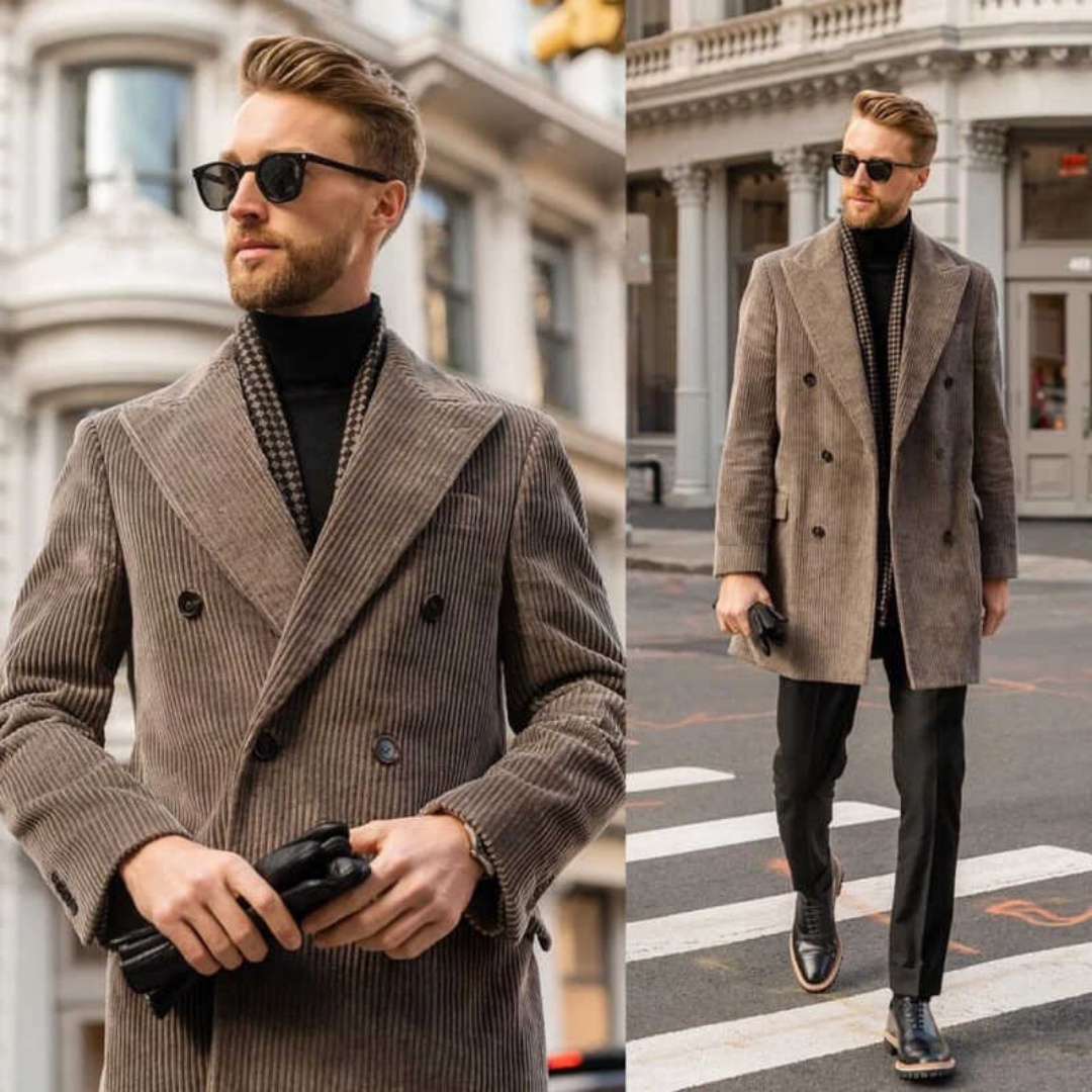 Casual Men's Corduroy Double Breasted Overcoat Peaked Lapel Mid-Length Trench Coat Business Winter Outerwear Custom Made