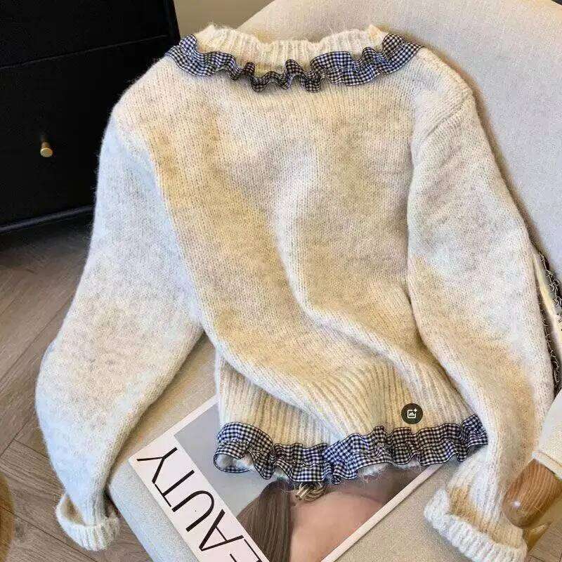 Women's Clothing Patchwork Ruffle Edge Bow Tie Cardigan Sweater For Women Autumn Winter Long Sleeved Sweet Chic Soft Knitted Top Designer Sweater