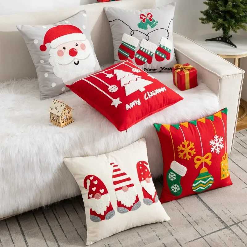 Christmas Pillow Cover Decorative Santa Claus Cartoon Printed Embroidered Pillow Cushion Cover Home Sofa Xmas Cushion Cover Y251105