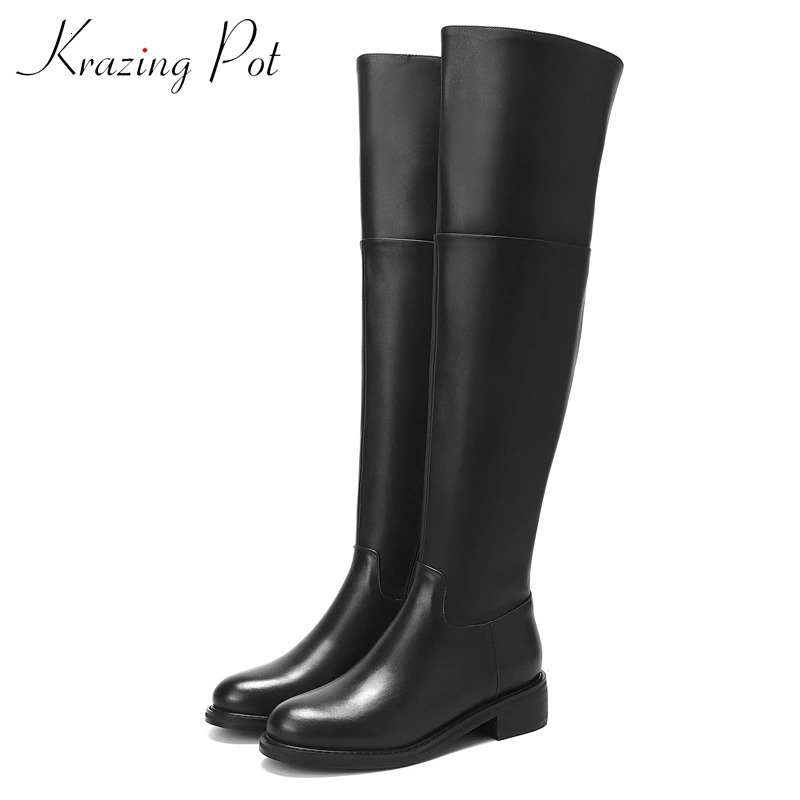 Krazing Pot Big Size 43 Cow Leather Round Toe Med Heel Young Lady Daily Wear Simple Style Classic Black Overtheknee Boots L52 251031