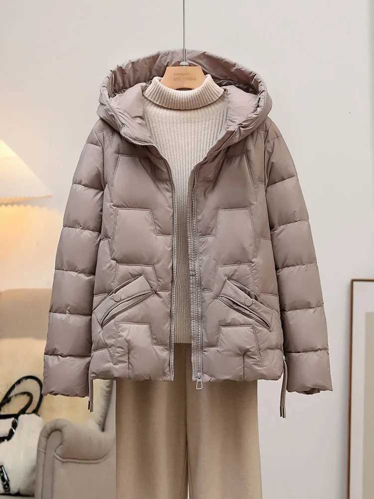 Schinteon Women White Duck Down Jacket with Hood Autumn Winter Warm Outwear Korean Style High Quality Solid Color Coat 2025 NewT251105