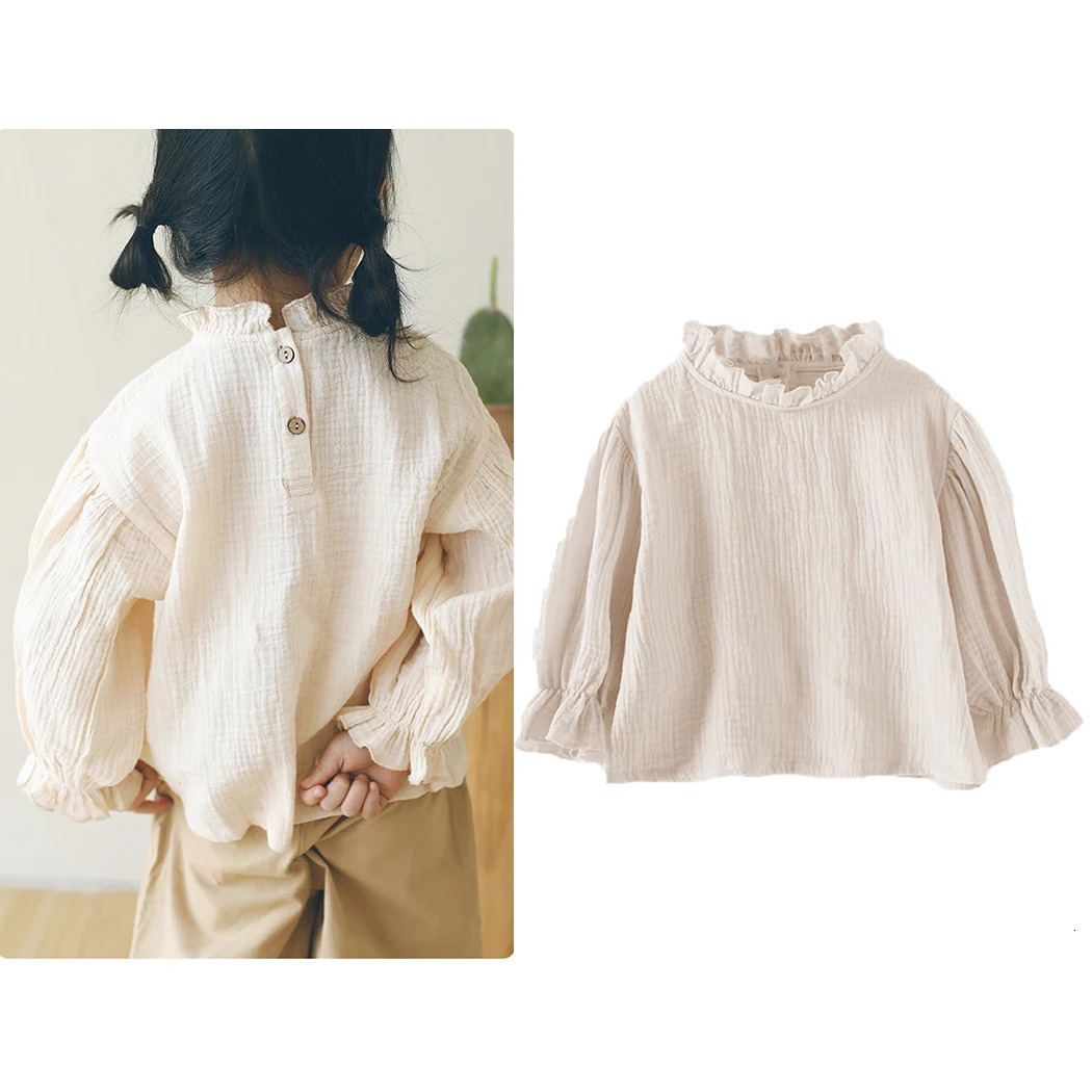 Preschool girl long sleeved top autumn linen pure cotton pleated Tshirt bottom childrens casual Blouses 250325