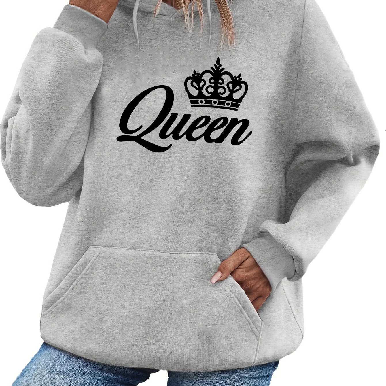 Womens autumn and winter fashionable casual loose Queen pattern printed round neck long sleeved drawstring hooded pulloverT251105